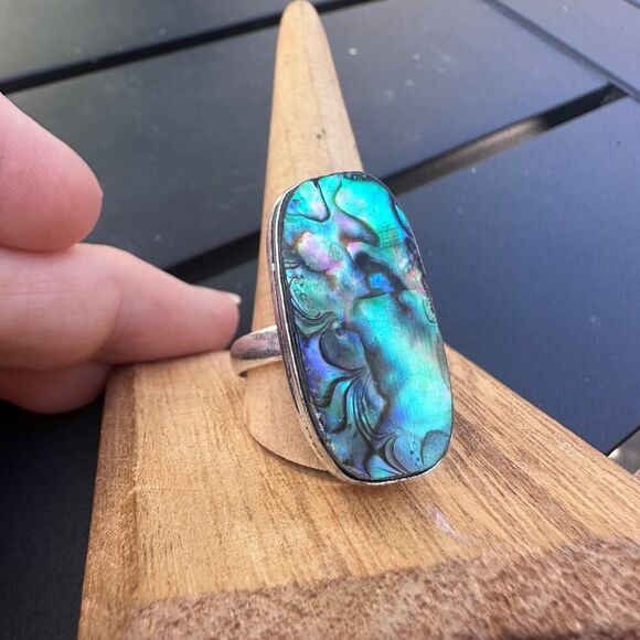 Abalone Shell Sterling Silver Plated Ring – Size 13 Statement Jewelry - Picture 5 of 11